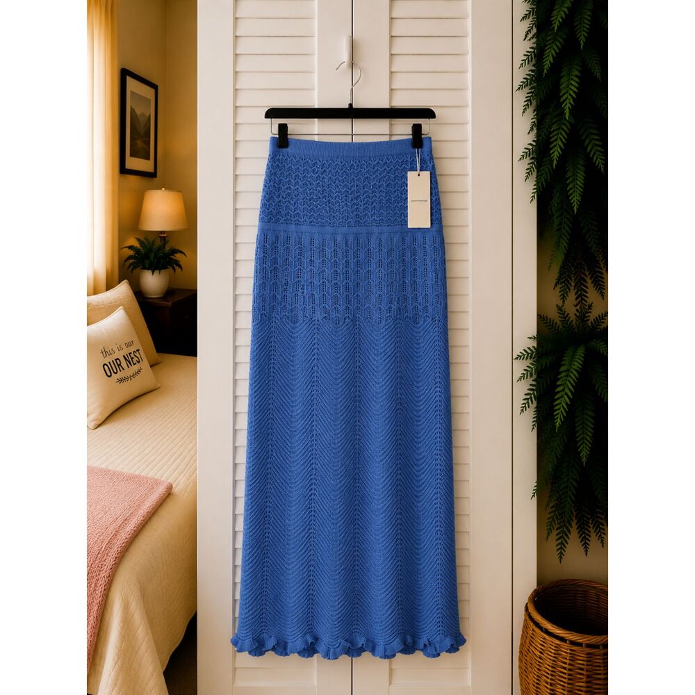 Commence Blue Open Knit Lace Maxi Skirt Ruffle Hem Size L NWT